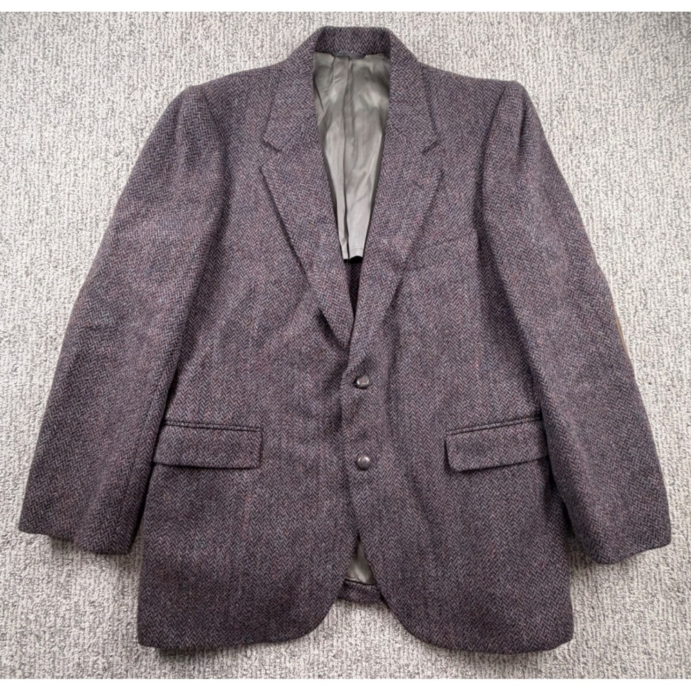 Stafford Blazer Men 42R Purple Harris Tweed Wool Herringbone Elbow Patch Jacket